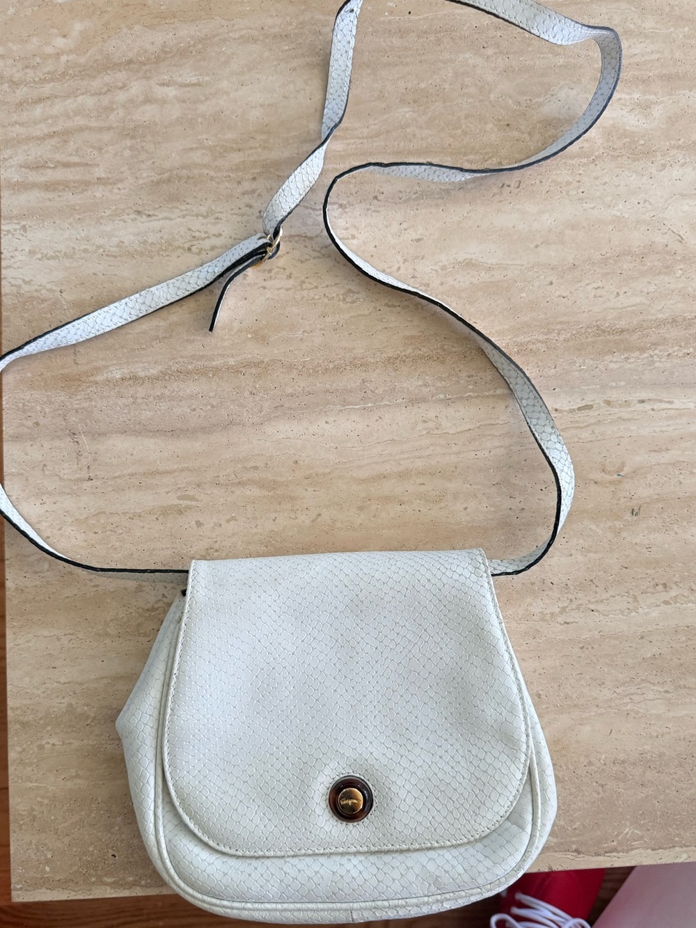 Vintage Salvatore Ferragamo Ivory Embossed Leather Crossbody Bag Italy